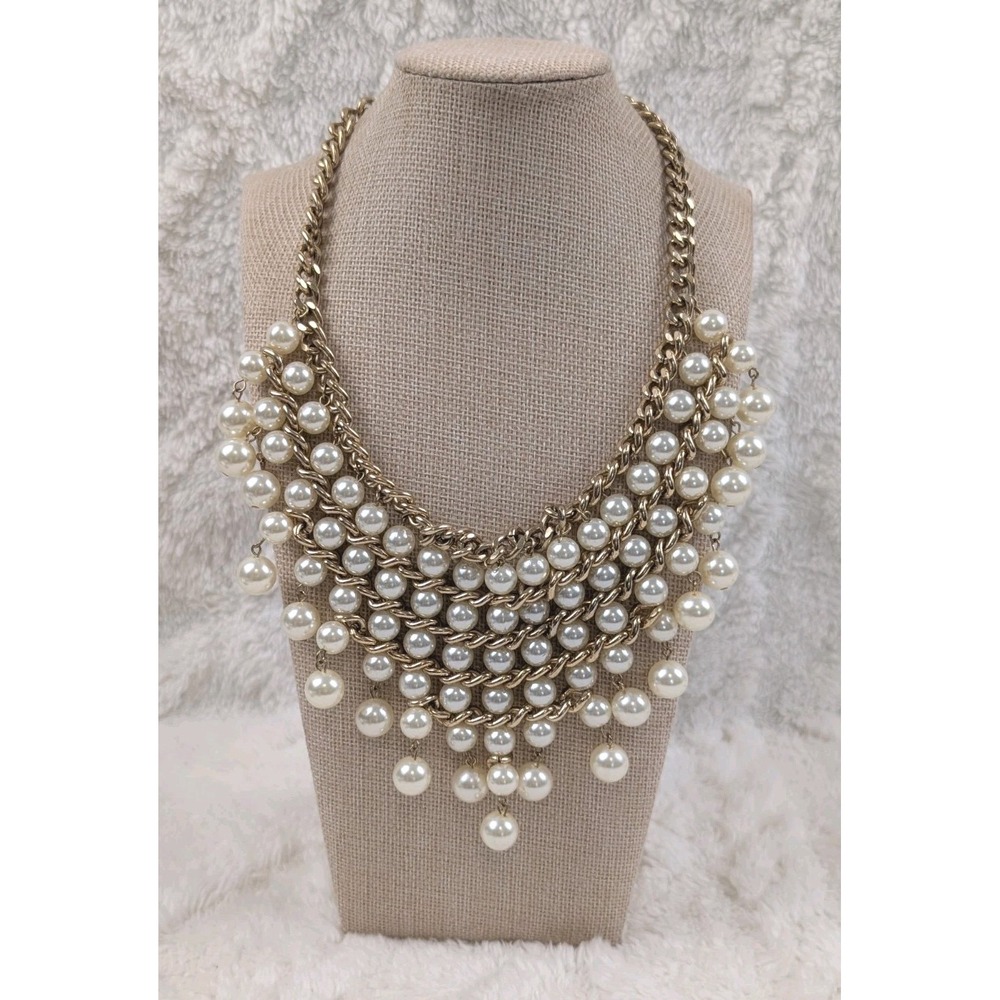 Lucid Gold Tone Multi Chain Faux Pearl Bib Statement Necklace Ivory